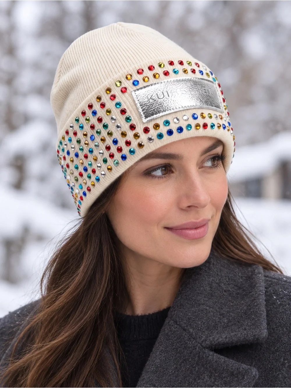 Kurt Geiger London Cream Rainbow Crystal Embellished Wool Blend Beanie NWOT